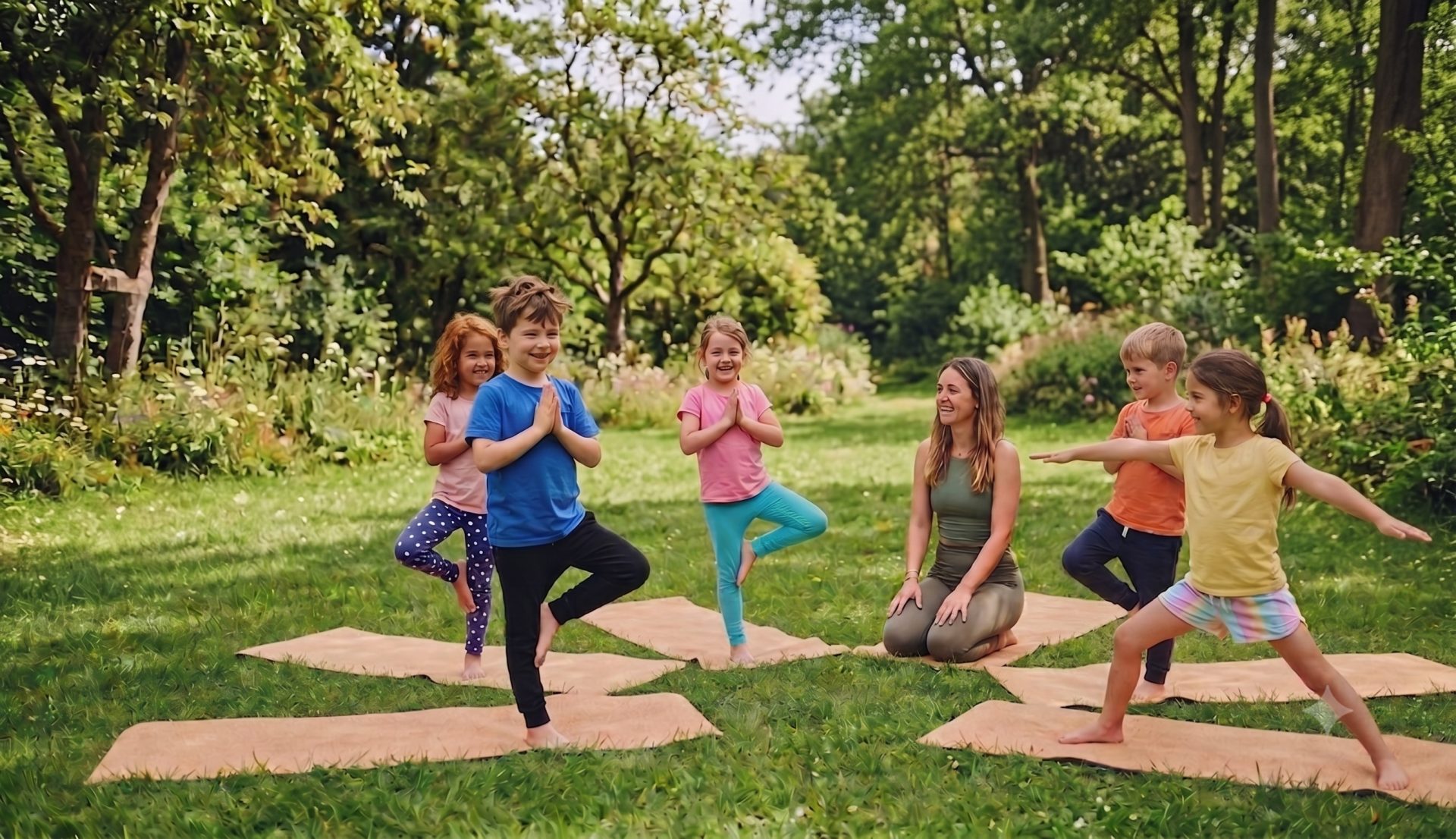 Kinder ueben Yoga im Park mit Trainerin auf Matten im Gruenen.