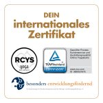 Internationales Zertifikat mit RCYS und TUEV Rheinland Logos fuer Kinderyogaausbildung