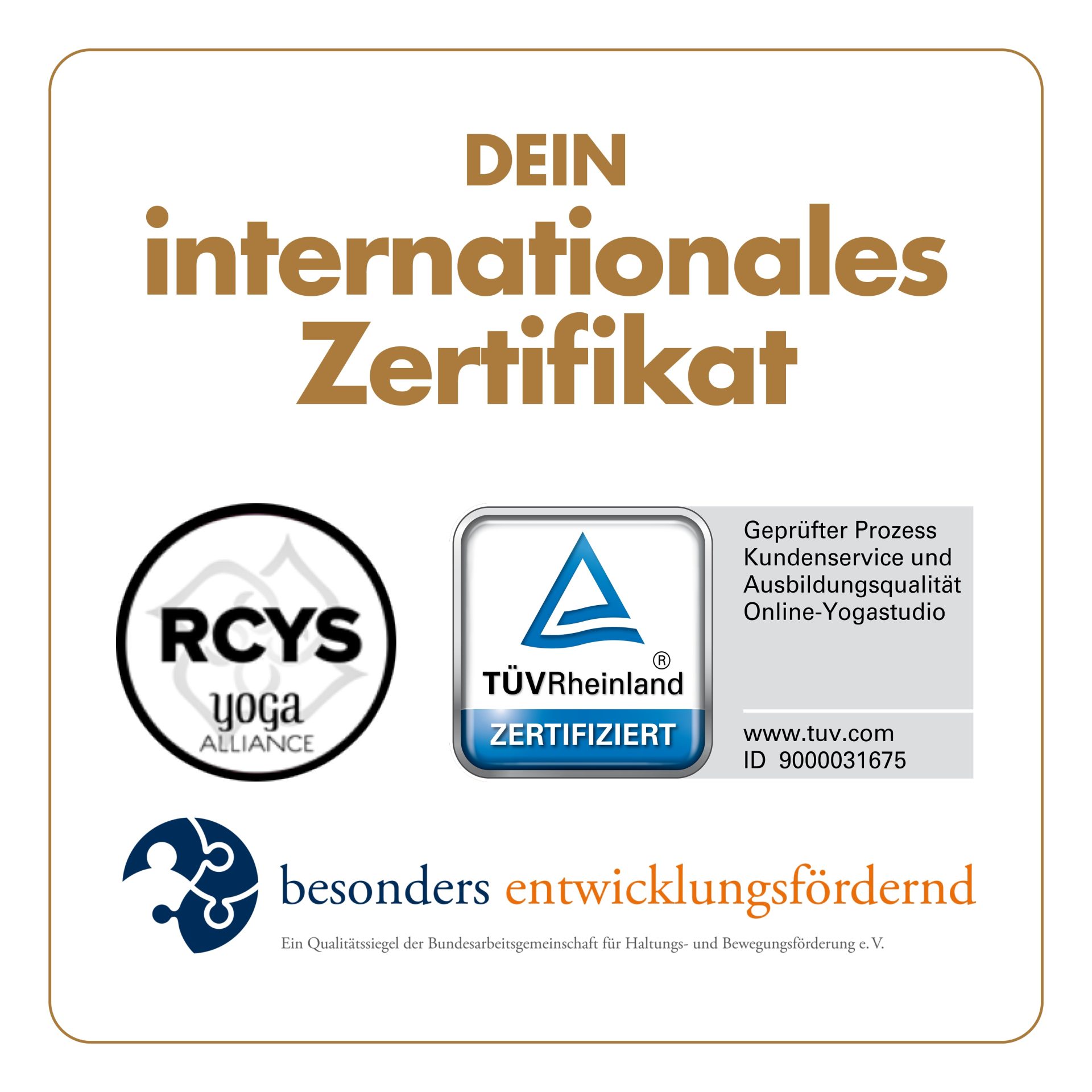 Internationales Zertifikat mit RCYS und TUEV Rheinland Logos fuer Kinderyogaausbildung