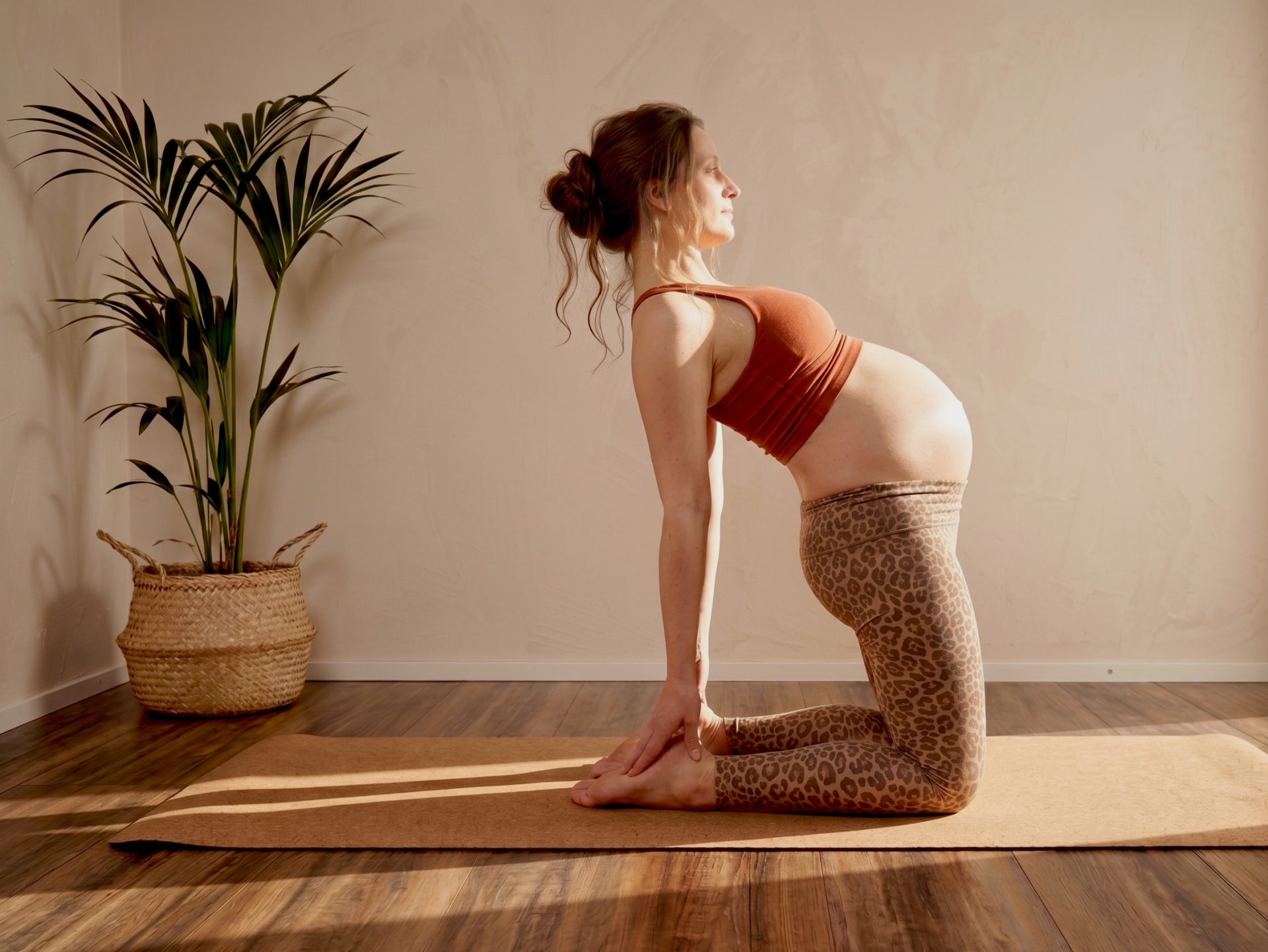 Schwangere Frau in sanfter Rueckbeuge beim Yoga