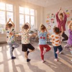 Kinder ueben gemeinsam Yoga Baumhaltung mit Lehrerin im Klassenraum einer Grundschule