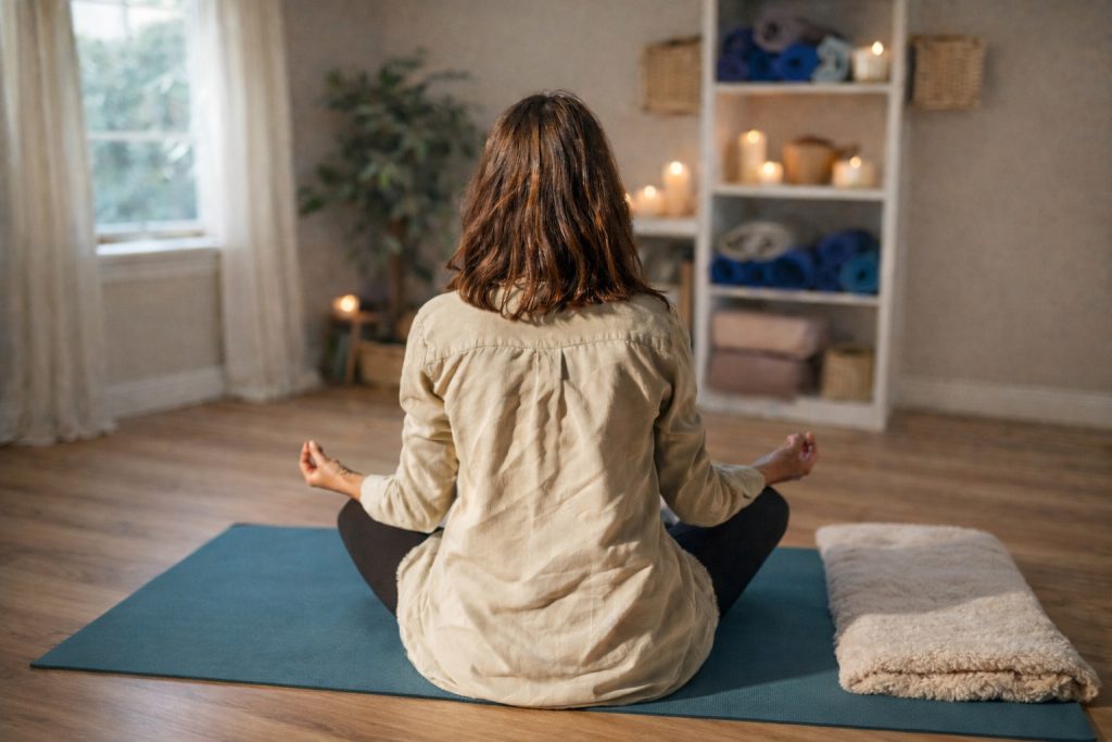 Frau meditiert im Schneidersitz in einem ruhigen Wohnraum mit Kerzenlicht und Yogamatte – entspannte Achtsamkeitspraxis und Meditation zuhause mit YogaStudioFox.