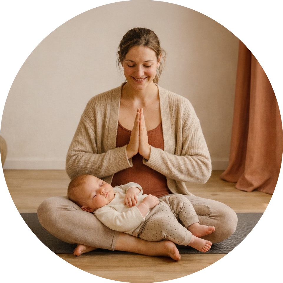 Yoga-Mutter meditiert mit schlafendem Baby im Arm auf Matte. Online Yoga-Kurse für Familien.