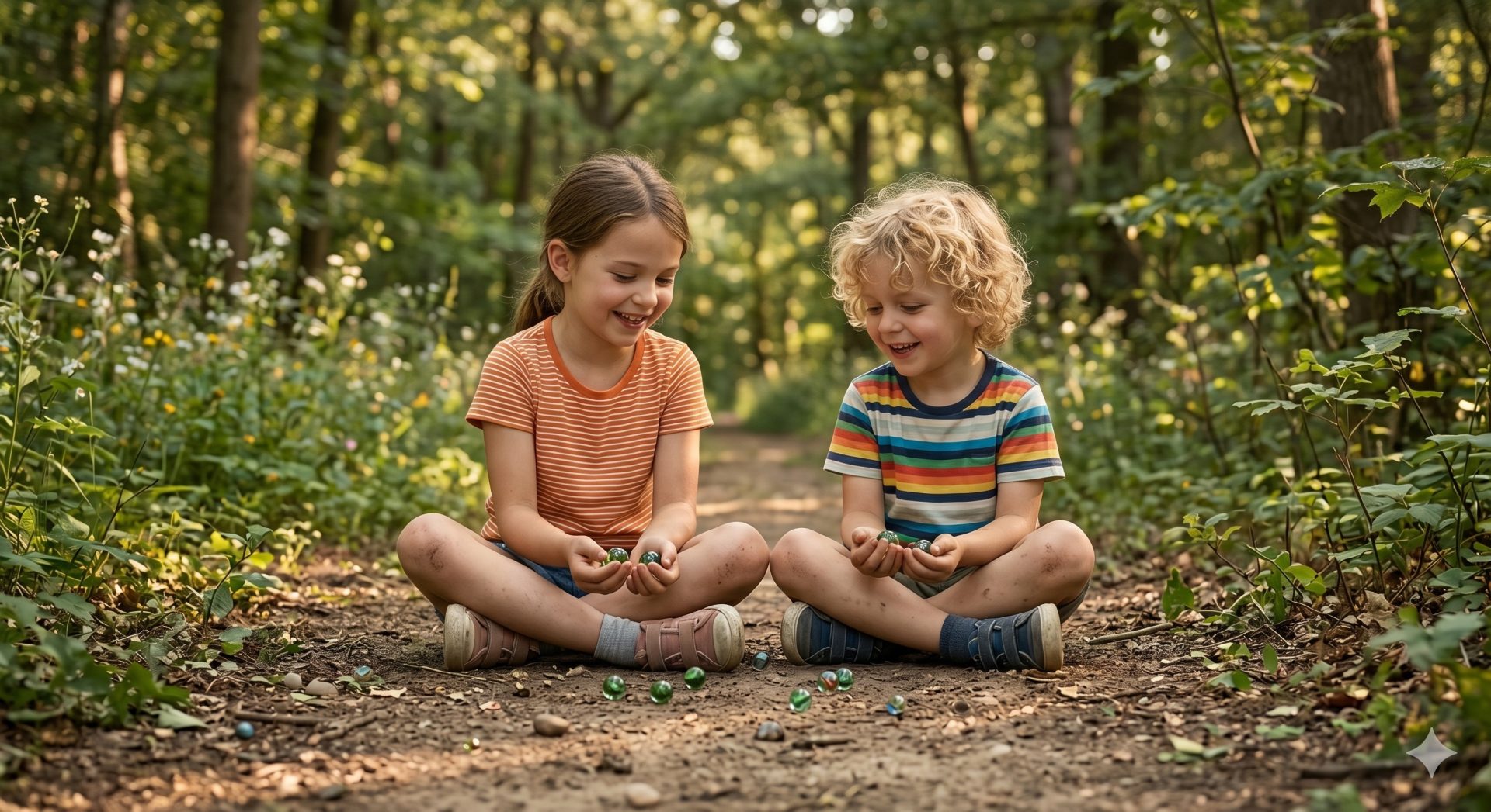 Kinder spielen mit Murmeln achtsam im Wald und foerdern Konzentration