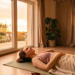 Frau in Yoga Nidra auf Matte bei Sonnenuntergang im warmen Holzraum