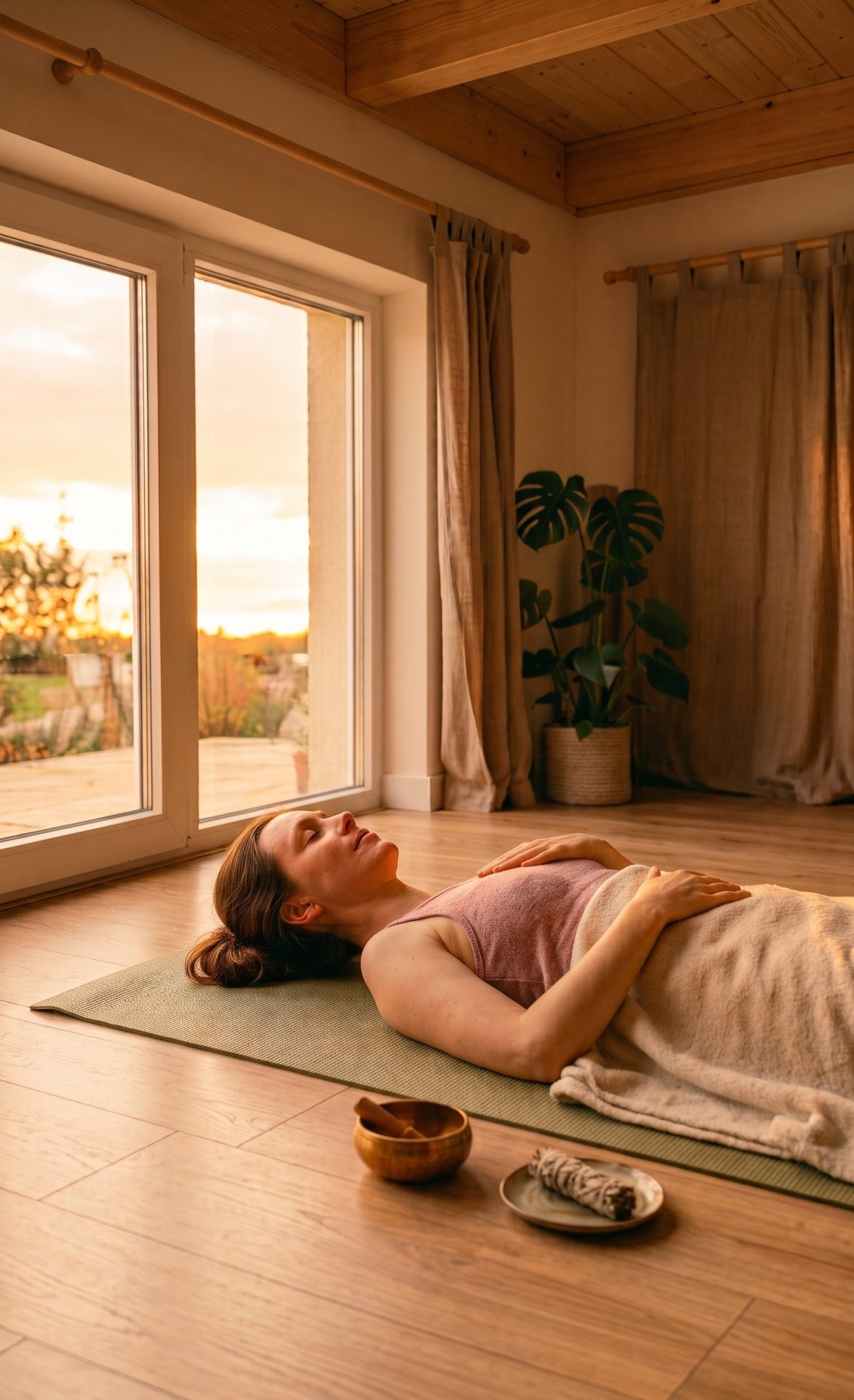 Frau in Yoga Nidra auf Matte bei Sonnenuntergang im warmen Holzraum